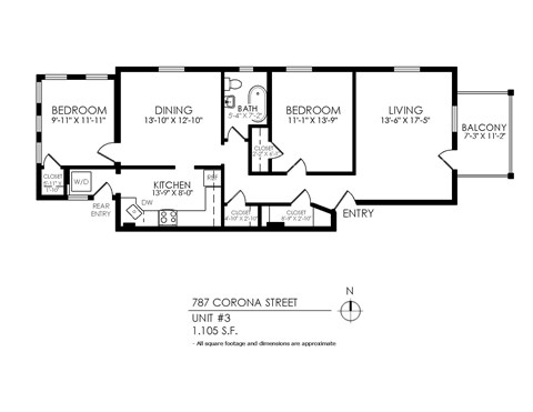 Floor plan for 2 beds, 1 bath, 1090 sqft